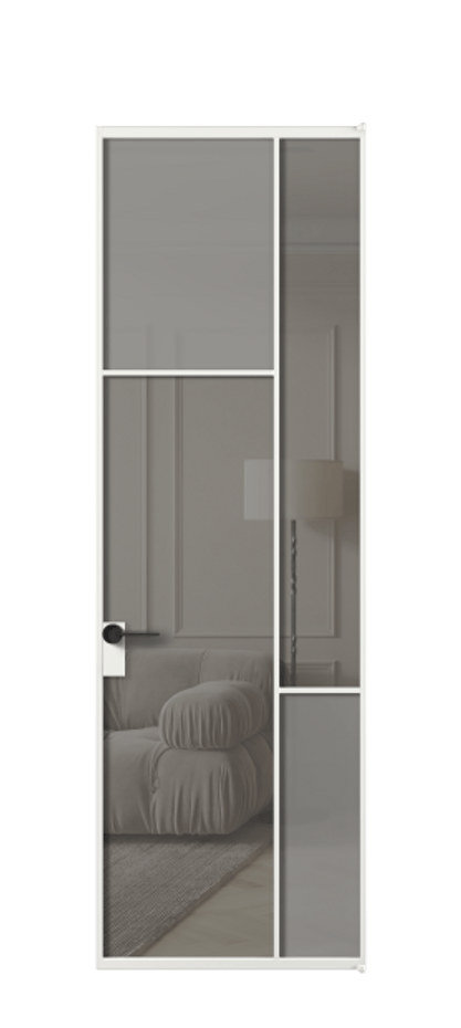 Межкомнатная дверь Mosaic АЛПЛ041.10 Алюминий белоснежный Сатинированное серое стекло, триплекс, 6 мм + Прозрачное серое стекло, триплекс Цена 174160 ₽ | Volhovec