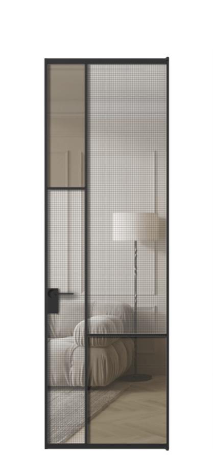 Межкомнатная дверь Mosaic АЛПЛ041.13 Алюминий Черный Декоративное стекло с сеткой "Mesh silver", триплекс, 6 мм + Прозрачное бронзовое стекло, триплекс, 6 мм Цена 164630 ₽ | Volhovec