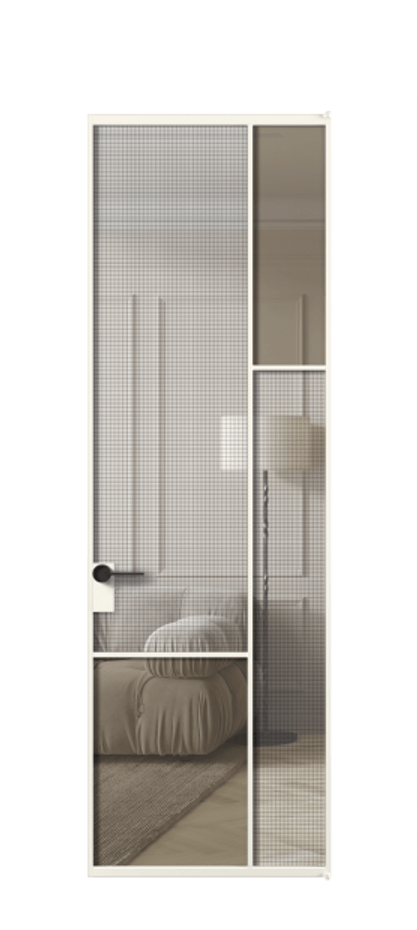 Межкомнатная дверь Mosaic АЛПЛ041.12 Алюминий пудровый белый Декоративное стекло с сеткой "Mesh silver", триплекс, 6 мм + Прозрачное бронзовое стекло, триплекс Цена 180460 ₽ | Volhovec