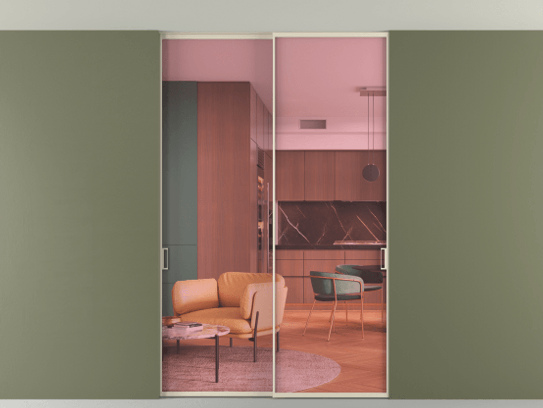 Перегородка Формато внутри проёма скрытое крепление в потолок 2 створки АЛПР 040.01 Алюминий бежево-серый Прозрачное розовое стекло, триплекс Цена 271670 ₽ | Volhovec