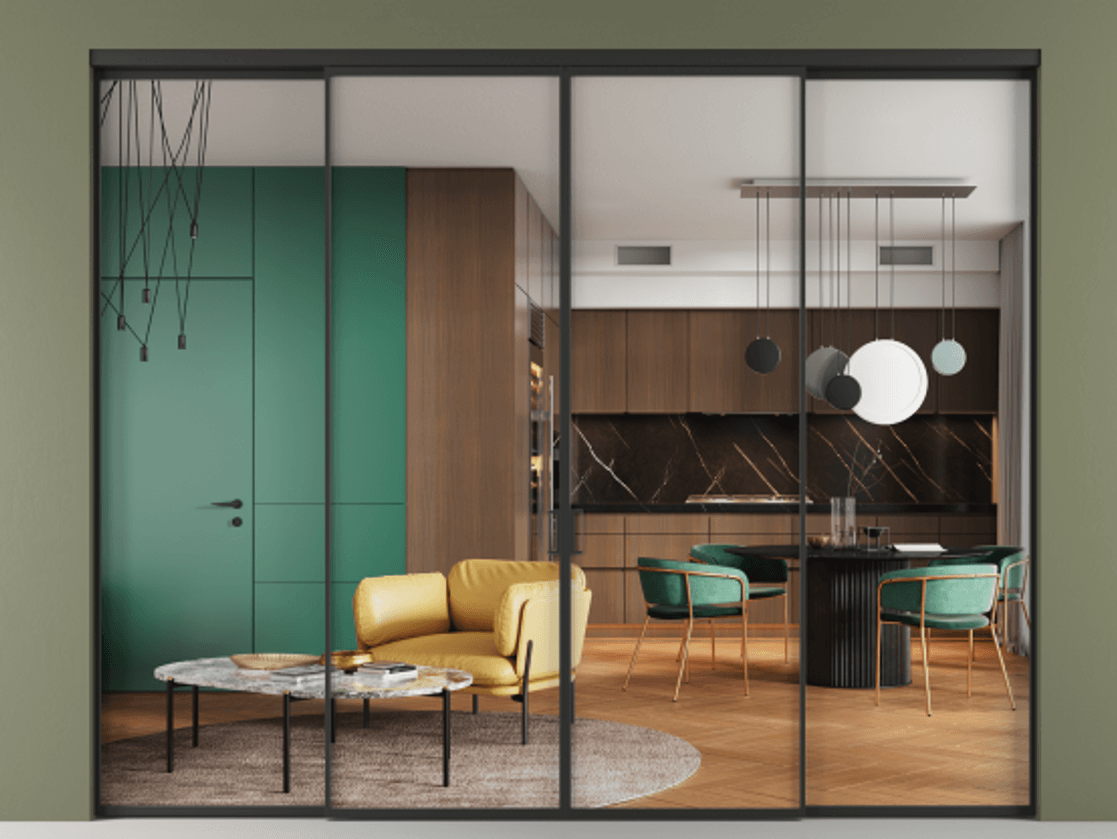 Перегородка Формато внутри проёма 4 створки АЛПР 040.01 Алюминий Черный Прозрачное стекло "Кристал Вижн", калёное Цена 366260 ₽  | Volhovec