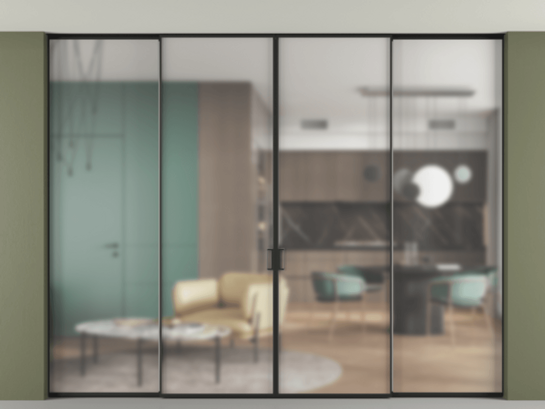 Перегородка Formato внутри проёма скрытое крепление в потолок 4 створки АЛПР 040.01 Алюминий Черный Сатинированное стекло "Matelux Crystal Vision", калёное, матовое, каленое 6 мм Цена 542240 ₽ | Volhovec