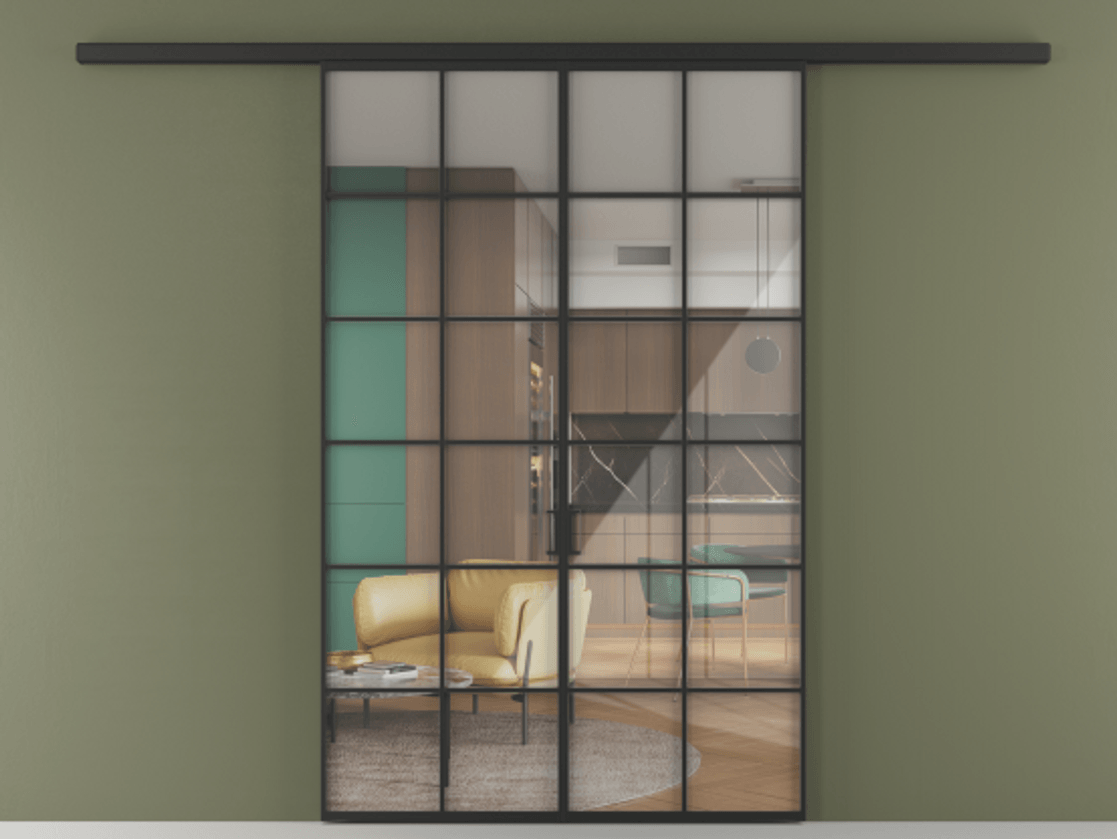 Перегородка Формато вдоль стены 2 створки АЛПР 040.05 Алюминий Черный Рефлективное прозрачное стекло "Стопсол", калёное Цена 241710 ₽ | Volhovec