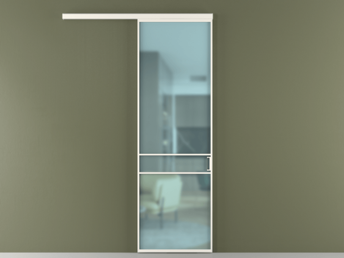 Перегородка Формато вдоль стены 1 створка АЛПР 040.02 Алюминий пудровый белый Сатинированное голубое стекло, триплекс Цена 116690 ₽  | Volhovec