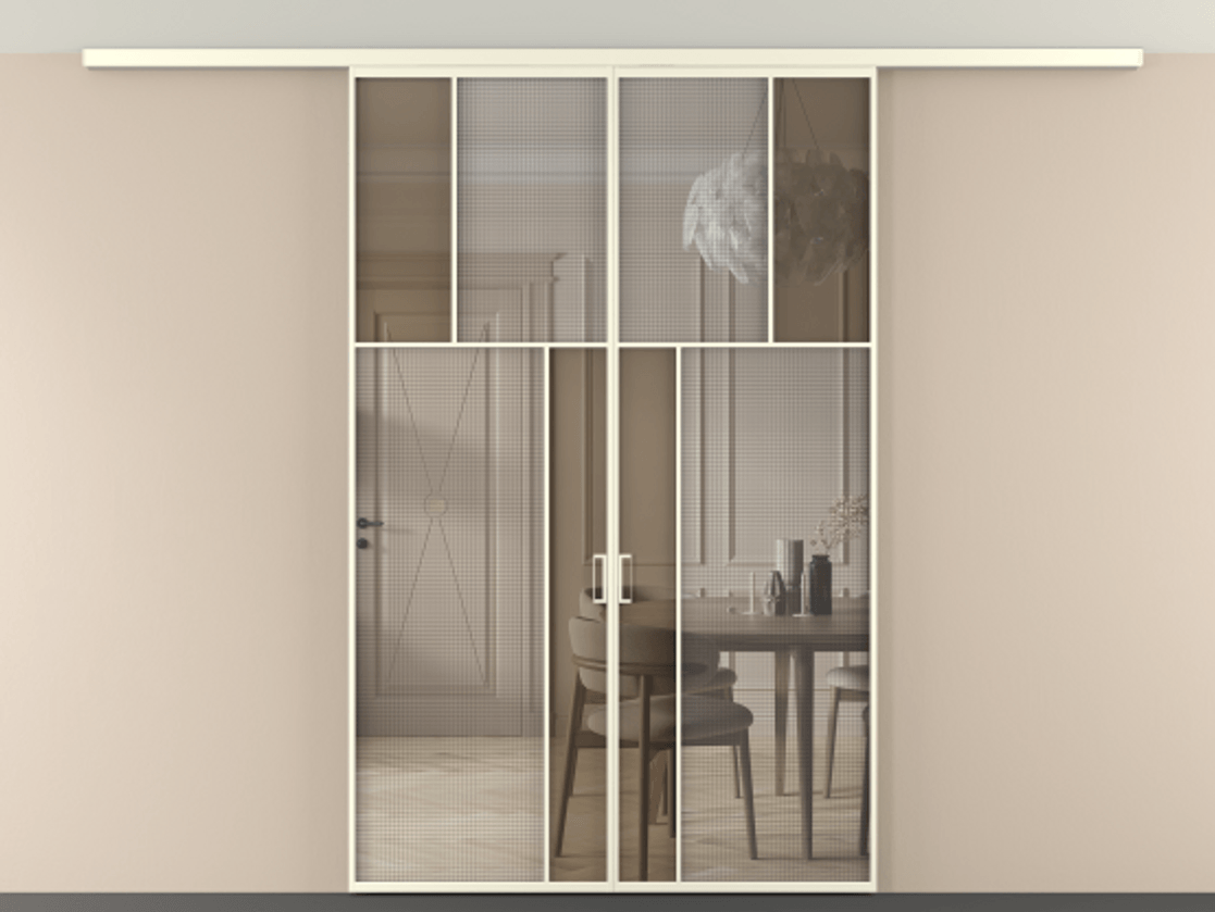 Перегородка Mosaic вдоль стены на потолок двустворчатая АЛПР 041.22 Алюминий молочно-белый Декоративное стекло с сеткой "Mesh silver", триплекс, 6 мм + Прозрачное бронзовое стекло, триплекс, 6 мм.  Цена 272920 ₽ . Фабрика дверей Волховец 8 (800) 551 43 19  Перегородка Mosaic вдоль стены на потолок двустворчатая АЛПР 041.22 Алюминий молочно-белый Декоративное стекло с сеткой "Mesh silver", триплекс, 6 мм + Прозрачное бронзовое стекло, триплекс, 6 мм Цена 272920 ₽ | Volhovec