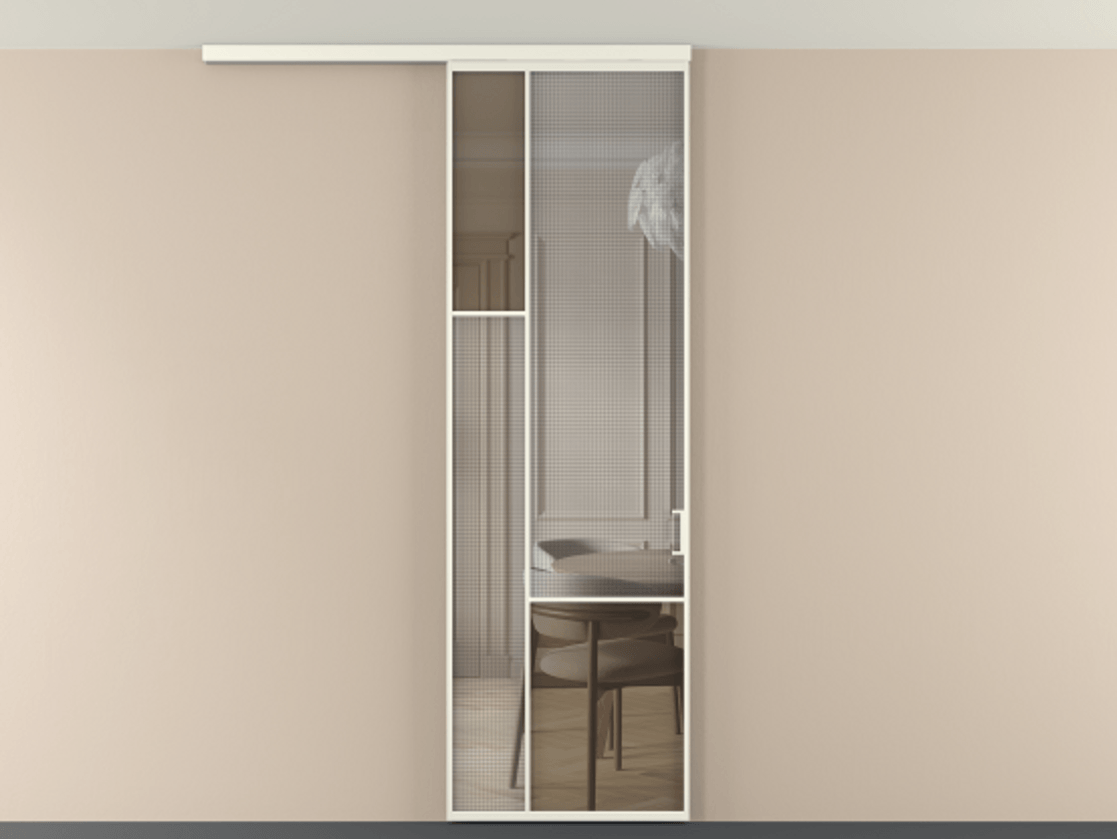 Перегородка Mosaic вдоль стены на потолок 1 створка АЛПР 041.13 Алюминий жемчужный Декоративное стекло с сеткой "Mesh silver", триплекс, 6 мм + Прозрачное бронзовое стекло, триплекс Цена 148090 ₽ | Volhovec