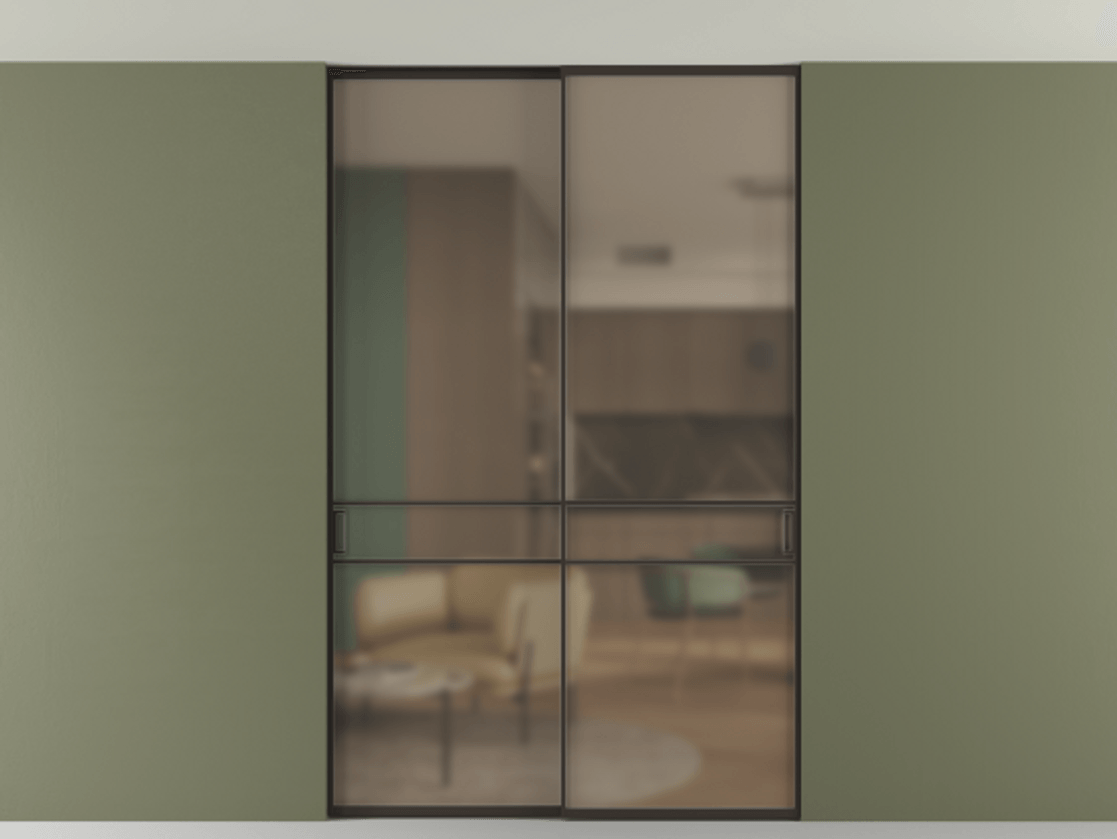 Перегородка Формато внутри проёма скрытое крепление в потолок 2 створки АЛПР 040.02 Алюминий антрацит Сатинированное бронзовое стекло, триплекс Цена 282120 ₽ | Volhovec