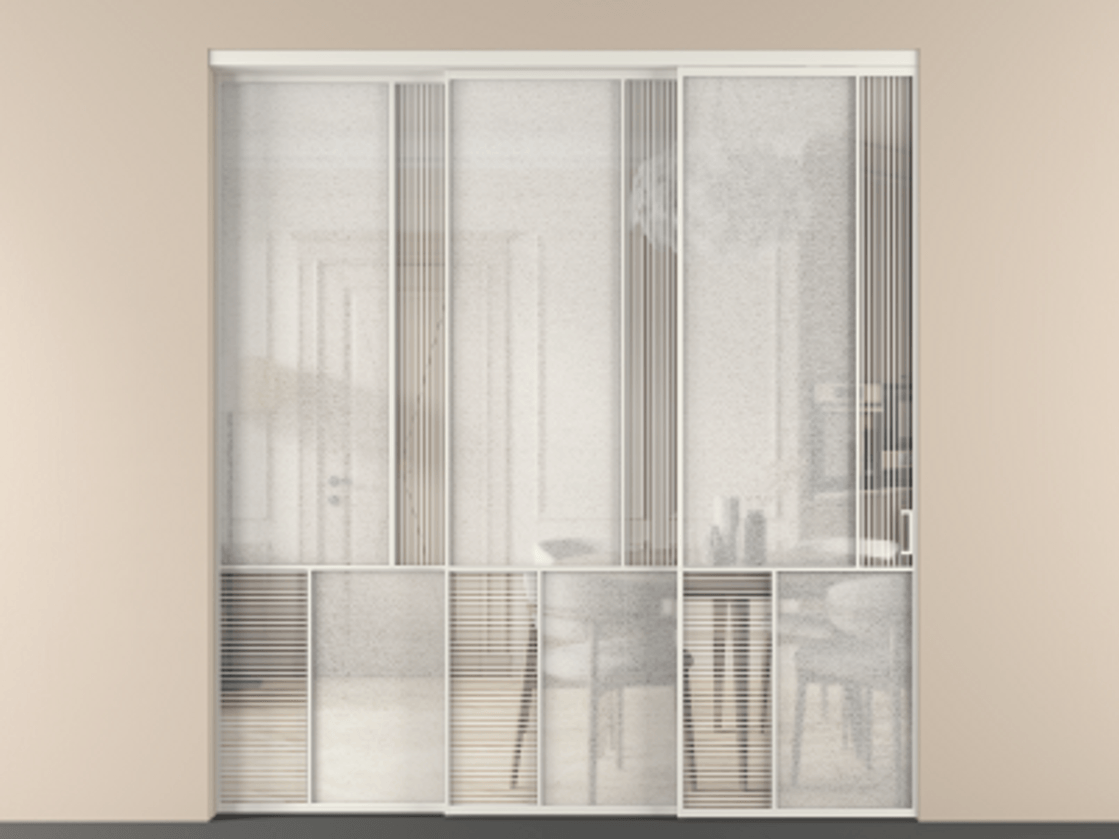 Перегородка Mosaic внутри проёма 3 створки с синхронным механизмом АЛПР 041.21 Алюминий Белый Рифлёное стекло "Дюна", триплекс, 6 мм + Фактурное стекло "Лёд", триплекс Цена 463120 ₽ | Volhovec