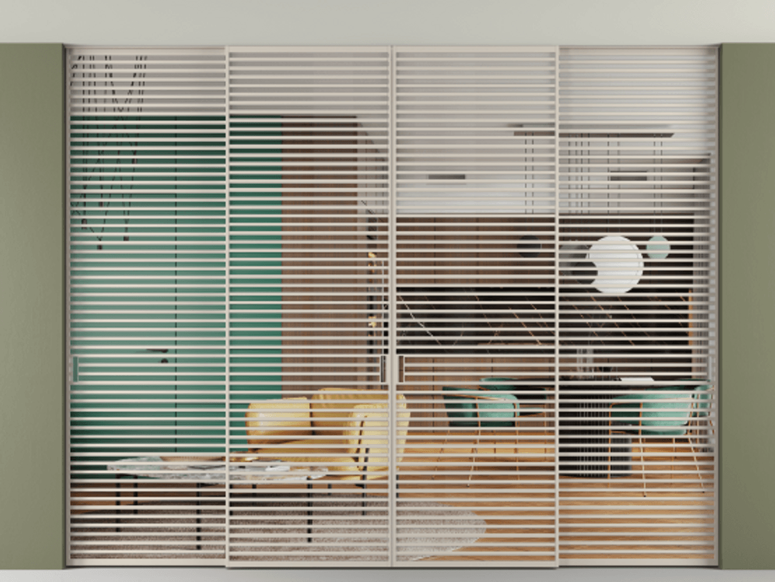 Перегородка Formato внутри проёма четырёхстворчатая со скрытым креплением в потолок АЛПР 040.07 Алюминий светло-бежевый Прозрачное стекло "Crystal Vision", калёное, 6 мм.  Цена 978260 ₽ 1. Полотно 4 шт. (800/2100 мм)
 2. Комплект установки раздвижной системы
 3. Базовый комплект фурнитуры
4.Ручка RONDO. Фабрика дверей Волховец 8 (800) 551 43 19  Перегородка Formato внутри проёма четырёхстворчатая со скрытым креплением в потолок АЛПР 040.07 Алюминий светло-бежевый Прозрачное стекло "Crystal Vision", калёное, 6 мм Цена 978260 ₽ | Volhovec