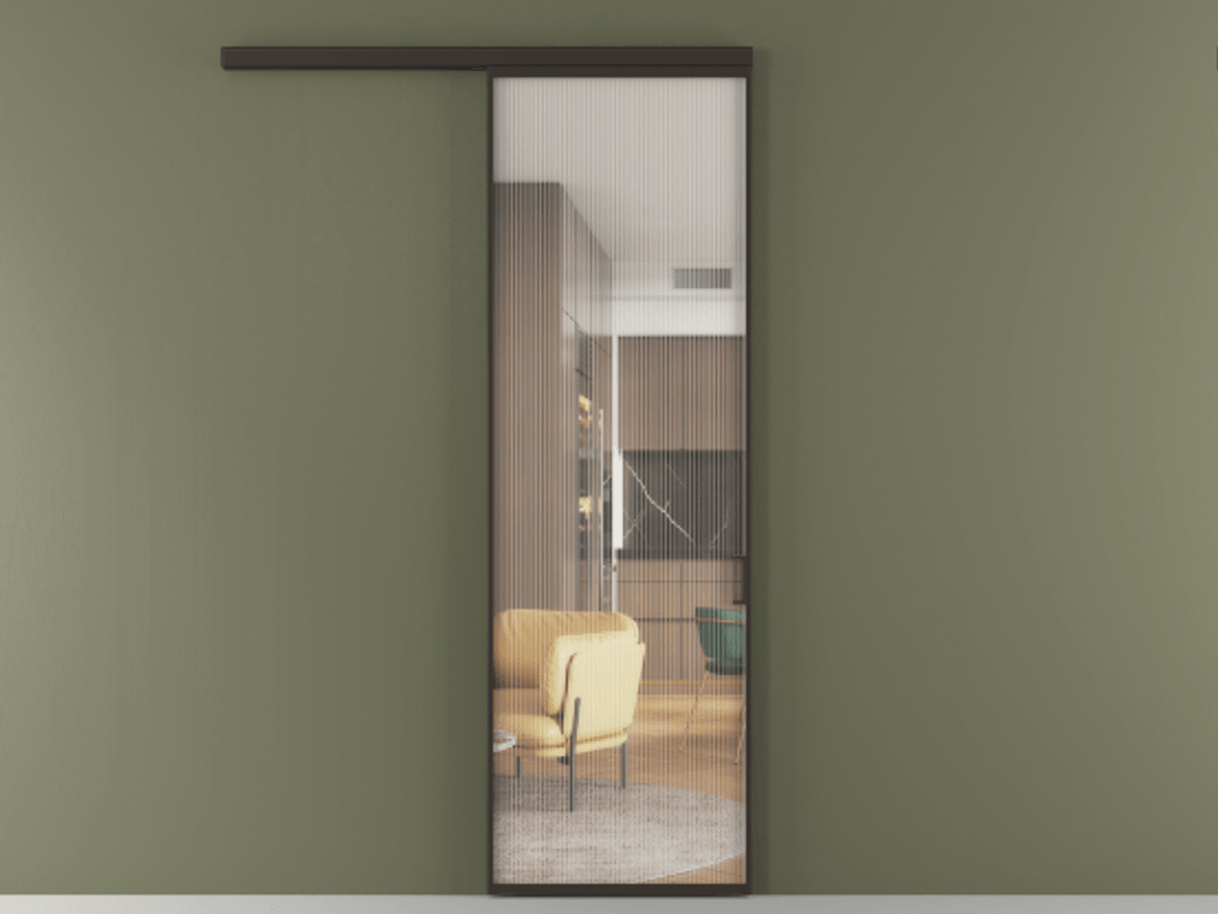 Перегородка Formato вдоль стены одностворчатая АЛПР 040.01 Алюминий антрацит Рифлёное стекло "Moru", триплекс, 8 мм.  Цена 122850 ₽ 1. Полотно (800/2100 мм)
2. Комплект установки раздвижной системы
3. Базовый комплект фурнитуры
4.Ручка RONDO
. Фабрика дверей Волховец 8 (800) 551 43 19  Перегородка Formato вдоль стены одностворчатая АЛПР 040.01 Алюминий антрацит Рифлёное стекло "Moru", триплекс, 8 мм Цена 122850 ₽  | Volhovec