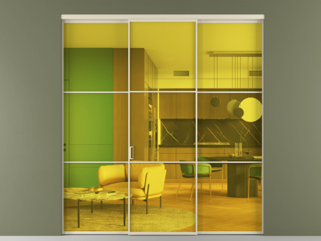 Перегородка Formato внутри проёма 3 створки АЛПР 040.03 Алюминий бежево-серый Прозрачное жёлтое стекло, триплекс Цена 260970 ₽ | Volhovec