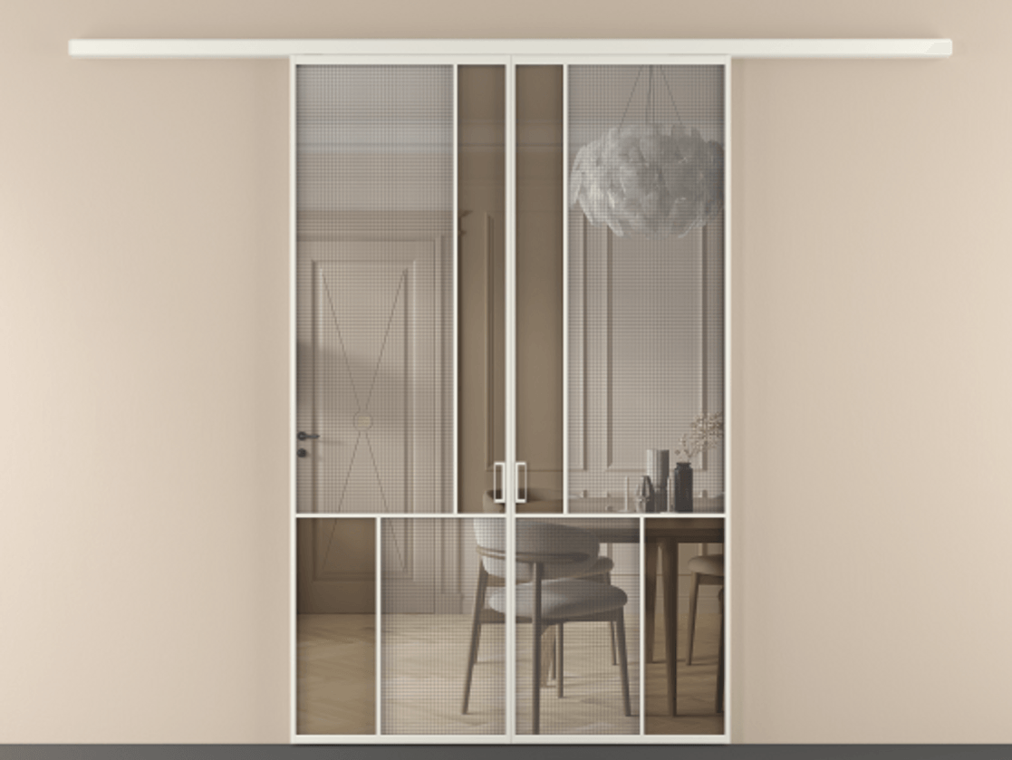 Перегородка Mosaic вдоль стены двустворчатая АЛПР 041.20 Алюминий Белый Декоративное стекло с сеткой "Mesh silver", триплекс, 6 мм + Прозрачное бронзовое стекло, триплекс, 6 мм Цена 264140 ₽ | Volhovec