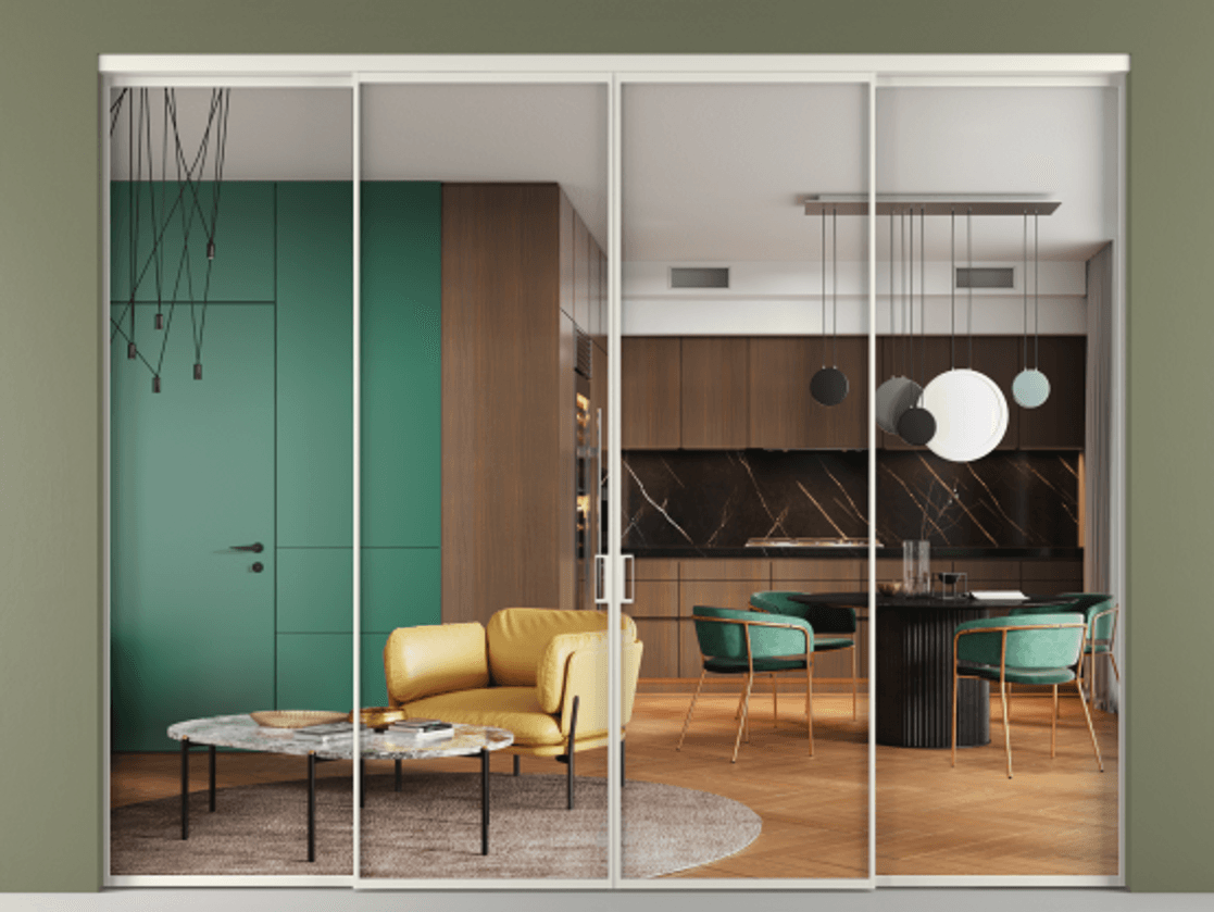 Перегородка Formato внутри проёма 4 створки АЛПР 040.01 Алюминий Белый Прозрачное стекло "Crystal Vision", калёное Цена 412020 ₽  | Volhovec