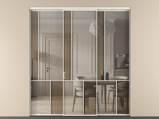 Алюминевая перегородка vn3_3_АСР_MS+Бронза триплекс_new. Цвет Алюминий серый. Материал Алюминий в эмали. Коллекция Перегородка Mosaic внутри проёма 3 створки. Картинка.