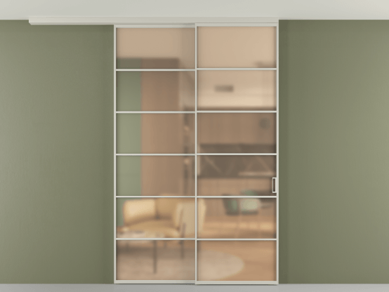 Алюминевая перегородка pv2_2_04_ Алюминий тёплый серый Сатинированное оранжевое стекло, триплекс, 6мм. Цвет Алюминий тёплый серый. Материал Алюминий в эмали. Коллекция Перегородка Формато вдоль стены на потолок 2 створки с синхронным механизмом. Картинка.