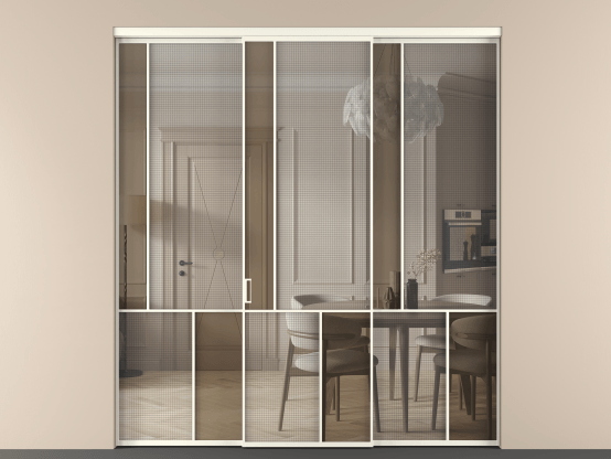 Алюминевая перегородка vn3_3_АЖМ_MS+Бронза триплекс_new. Цвет Алюминий жемчужный. Материал Алюминий в эмали. Коллекция Перегородка Mosaic внутри проёма 3 створки. Картинка.