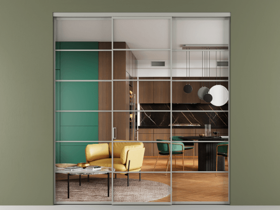 Алюминевая перегородка АЛПР 040.04_АНСР_Crystalvision_new. Цвет Алюминий нейтральный серый. Материал Алюминий в эмали. Коллекция Перегородка Formato внутри проёма 3 створки. Картинка.