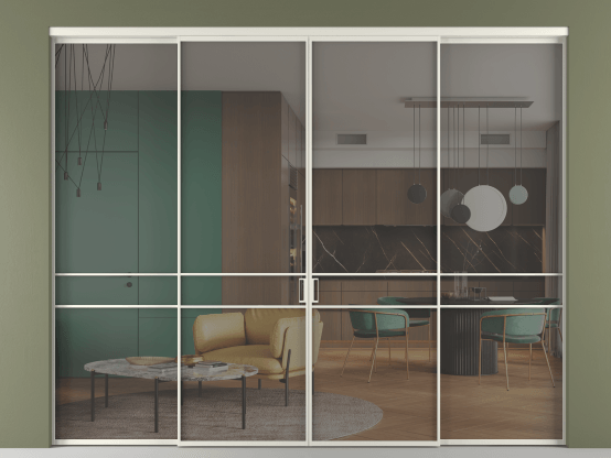 Алюминевая перегородка vn2+2_02 Серый триплекс БЕЛ. Цвет Алюминий Белый. Материал Алюминий. Коллекция Перегородка Формато внутри проёма 4 створки. Картинка.