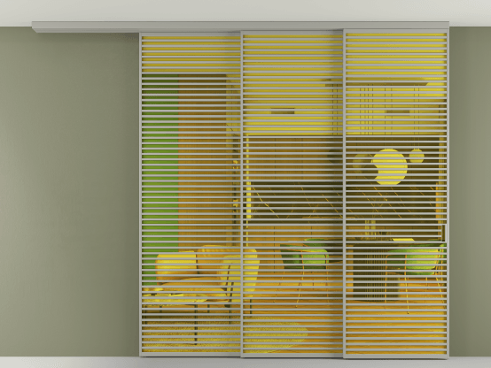 Алюминевая перегородка АЛПР 040.07_АНСР_ПРОЗ ЖЕЛ_new. Цвет Алюминий нейтральный серый. Материал Алюминий в эмали. Коллекция Перегородка Formato вдоль стены на потолок 3 створки с синхронным механизмом. Картинка.