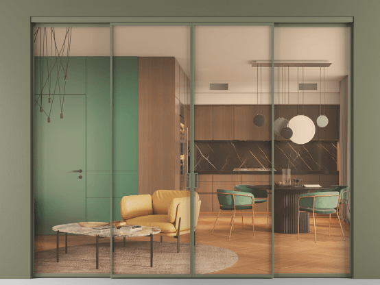 Алюминевая перегородка АЛПР 040.01_АОТ_ПРОЗ ОРАНЖ_new. Цвет Алюминий оливковый тёмный. Материал Алюминий в эмали. Коллекция Перегородка Формато внутри проёма 4 створки. Картинка.