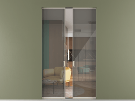 Алюминевая перегородка skr2_01_ Алюминий бежево-серый Stopsol Grey прозрачное. Цвет Алюминий бежево-серый. Материал Алюминий в эмали. Коллекция Перегородка Формато скрытый пенал 2 створки. Картинка.