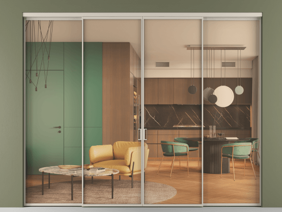 Алюминевая перегородка АЛПР 040.01_АСБЖ_ПРОЗ ОРАНЖ_new. Цвет Алюминий светло-бежевый. Материал Алюминий в эмали. Коллекция Перегородка Формато внутри проёма 4 створки. Картинка.