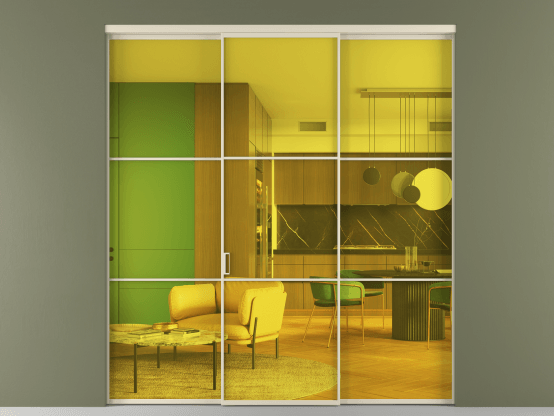 Алюминевая перегородка vn1+2_03_ Алюминий бежево-серый Прозрачное жёлтое стекло, триплекс, 6мм. Цвет Алюминий бежево-серый. Материал Алюминий в эмали. Коллекция Перегородка Formato внутри проёма 3 створки. Картинка.